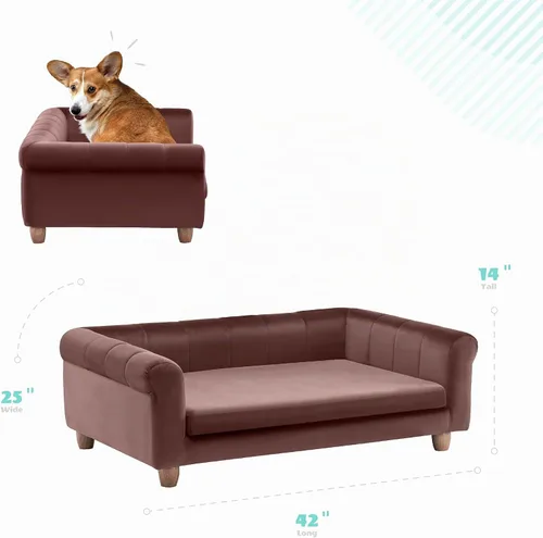 Vista 7 de CRITTER SITTERS Sofá rectangular de terciopelo sintético marrón de 42 pulgadas para perros medianos y grandes, sofá de felpa elevada para perros