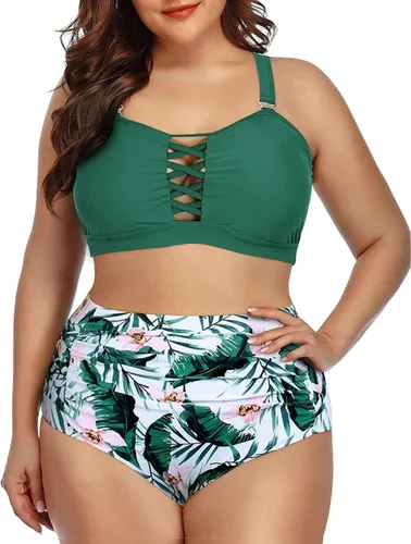 Vista 15 de Daci - Traje de baño de dos piezas para mujer, talla extragrande, cintura alta, fruncido, con cordones Negro
