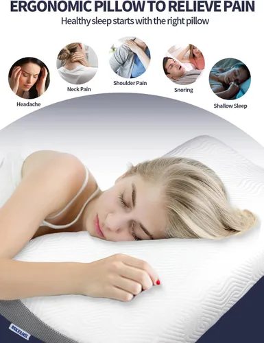 Vista 3 de Almohada de contorno de espuma viscoelástica para aliviar el dolor de cuello, almohada cervical ergonómica con 2 alturas, soporte ortopédico
