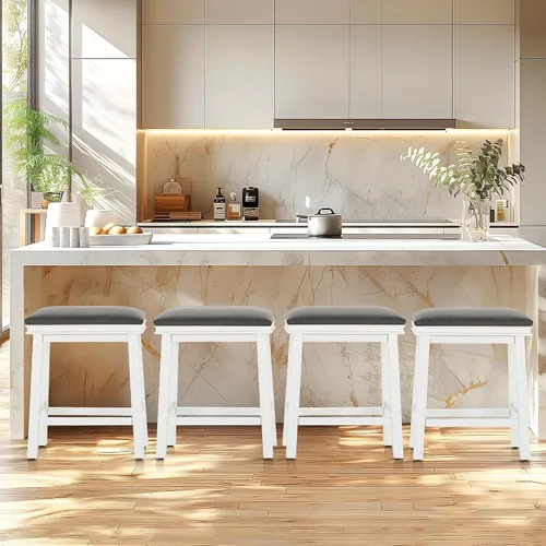 Vista 9 de ALPHA HOME Taburete de bar, taburete de cocina de silla de montar de madera maciza con cojín de tela de lino beige, taburete de bar de altura