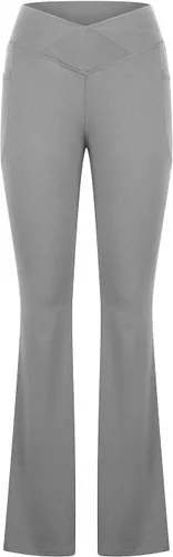 Vista 5 de Leggings acampanados cruzados para mujer, cintura alta, corte en V, corte de bota, pantalones de yoga acampanados con bolsillos