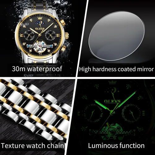 Vista 4 de OLEVS Relojes automáticos para hombre, impermeable, vestido de lujo, cuerda automática, esqueleto mecánico, tourbillon, fase lunar, acero