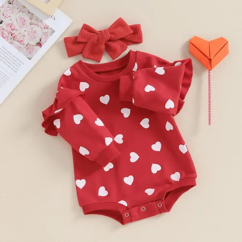 Vista 50 de SOLILOQUY Traje de manga larga con cuello redondo para el primer día de San Valentín para bebé niño y niña, mameluco de corazón de amor