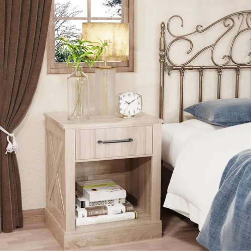 Vista 2 de Giantex Mesita de noche de granja, mesa auxiliar rústica con cajones y compartimento abierto, mesa auxiliar de madera para dormitorio, mesita