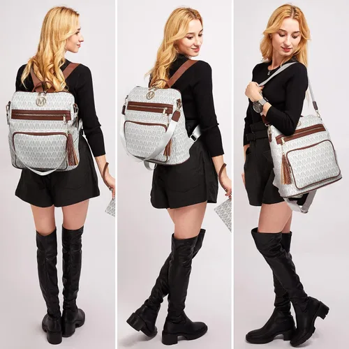 Vista 44 de MKP COLLECTION Mochila de moda para mujer, bolsa convertible grande para mujer, mochila de viaje, bolsa de hombro, juego de 2 piezas con borla, Beige