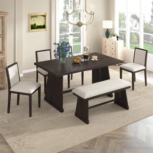 Vista 12 de JIVOIT Farmhouse 6 Piece Dining Table Set, Counter Height Table Set with 4 Chairs and a Bench, Rubber Wood Expandable Bar Table Set with Rivet Gris-3