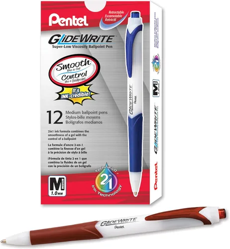 Vista 14 de Bolígrafo Pentel GlideWrite con tinta TechniFlo, (1.0mm) línea media, tinta burdeos, caja de 12 (BX910-BG)