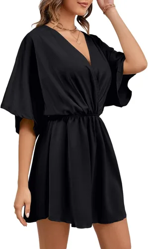 Vista 3 de LYANER Minivestido elegante de satén con cuello en V y volantes para mujer