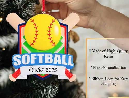Vista 3 de Adorno de Navidad personalizado de sóftbol 2025 Decoración de árbol de Navidad de murciélagos de sóftbol y bola para niñas y niños Regalo