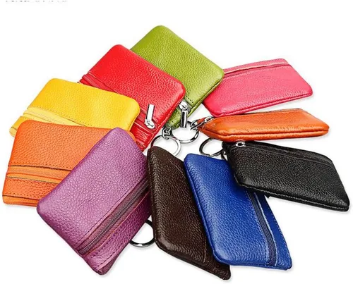 Vista 7 de Monedero pequeño de piel auténtica, bolsa de cambio, monedero de color sólido con cremallera, llavero, anillo, tarjetero de crédito para mujeres