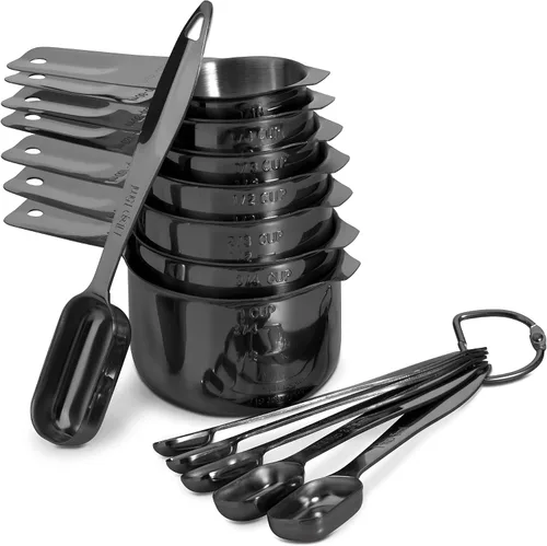 Vista 9 de Juego de 6 cucharas medidoras de acero inoxidable 18/8 precisas, resistente con buen mango, con conector de anillo, color gris oscuro