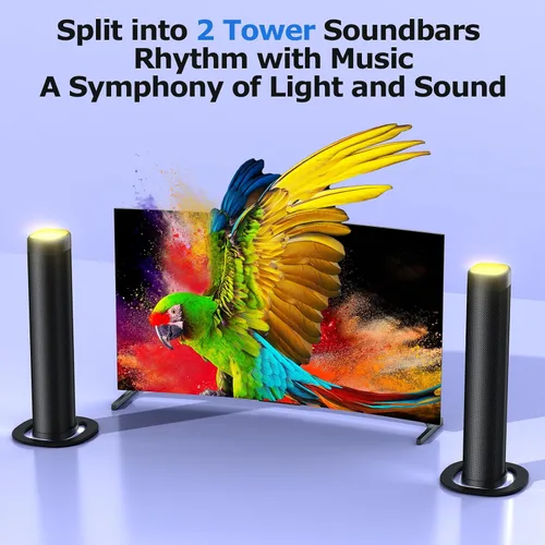 Vista 9 de Barra de sonido para Smart TV, barra de sonido de 100 W con 3 luces RGB dinámicas, Bluetooth 5.3, conexión ARC/Opt/AUX, volumen dinámico 3 modos