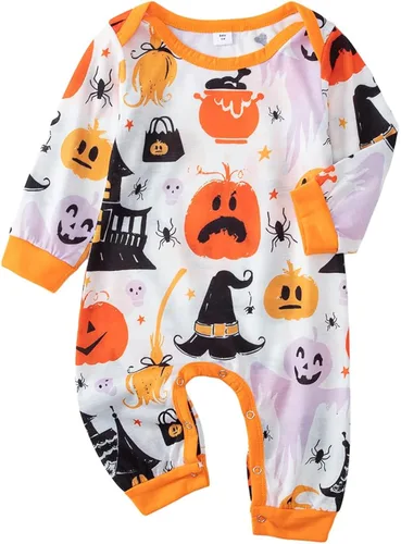 Vista 5 de MAINESAKA Conjunto de pijamas de Halloween a juego para la familia, con estampado de calabazas, conjuntos de pijamas a juego para adultos y niños