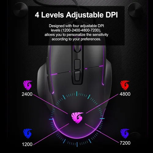 Vista 4 de Ratón para juegos con cable, mouse USB con cable para computadora con 7200 DPI, 7 botones programables para oficina en casa de negocios
