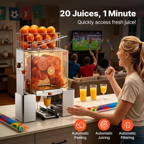 Vista 2 de VEVOR Exprimidor de naranja comercial, extractor de jugo automático de 120W, exprimidor de naranja de acero inoxidable para 20 naranjas por minuto