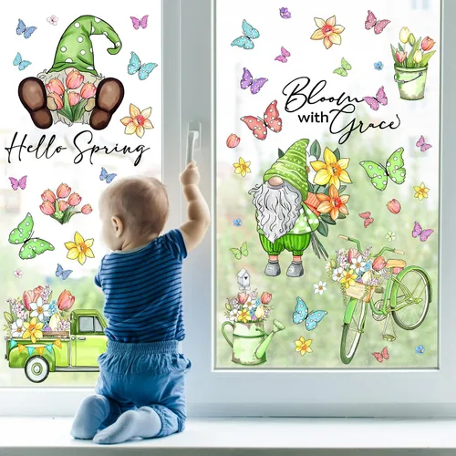Vista 6 de Whaline 106 calcomanías de PVC reutilizables para ventana de primavera, acuarela, gnomo, mariposa, flores, calcomanías de PVC reutilizables