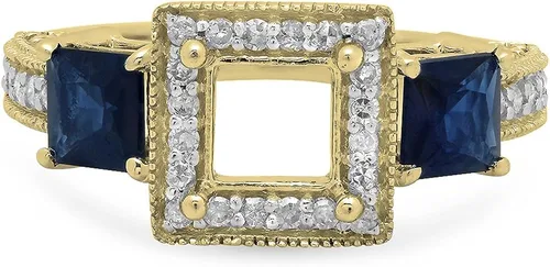 Vista 3 de Dazzlingrock Collection Anillo de compromiso semimontaje de diamante blanco redondo y zafiro azul princesa de oro de 18 quilates (sin piedra central)