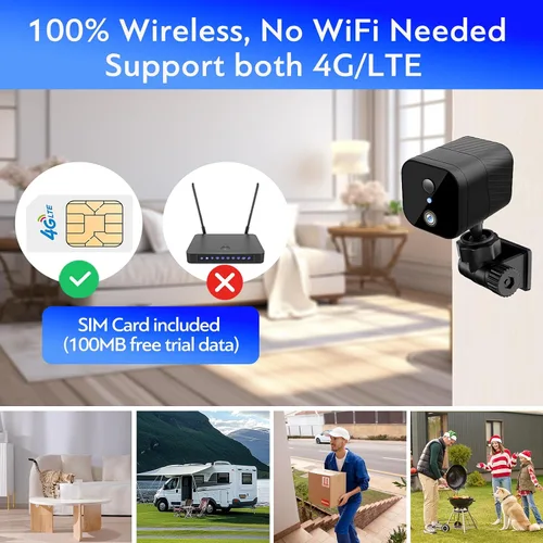 Vista 2 de Cámara de seguridad celular 4G LTE, pequeña cámara inalámbrica 2K HD, no necesita WiFi, visión nocturna por infrarrojos, detección de movimiento