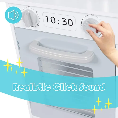 Vista 4 de Costzon Juego de cocina para niños, cocina de madera con fregadero, horno, microondas, estufa, ollas, utensilios, juego de cocina con estante