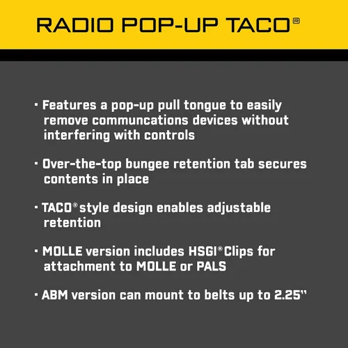 Vista 5 de High Speed Gear Radio Pop-UP TACO Bolsa de comunicación compatible con MOLLE Se adapta a múltiples dispositivos de radio
