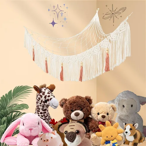 Vista 3 de Hamaca para animales de peluche, hamaca grande de macramé de felpa, red de almacenamiento de animales de peluche