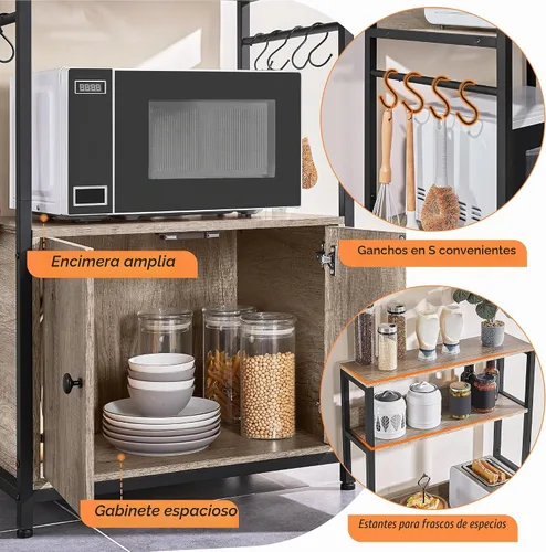 Vista 5 de Yaheetech - Estante de cocina para panaderos de 4 niveles con gabinete de almacenamiento y alacena, soporte para microondas y barra de café