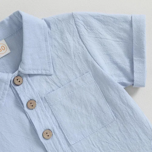 Vista 5 de AEEMCEM Conjunto de 2 piezas de camisa y pantalones cortos de algodón de lino de algodón de color liso para niños pequeños