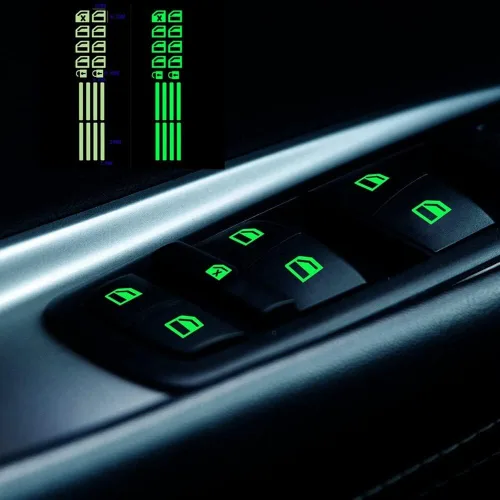Vista 9 de EUBUY Calcomanía luminosa para botón de ventana de automóvil, que brilla en la oscuridad, estilo moderno, rectangular, azul, uso individual
