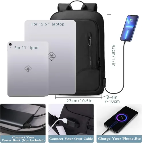 Vista 2 de Mochila hk para Hombre de Negocios, Mochila Delgada con Cargador USB, Mochila para Computadora, Ligera, Antirrobo, para Viaje, Negro, 15,6 pulg.
