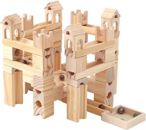 Vista 8 de Carrera de mármol de madera para niños de 4 a 8 años, 60 piezas de bloques de construcción de madera y juego de construcción, juego de laberinto