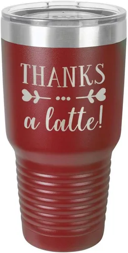 Vista 10 de Taza de viaje de acero inoxidable con tapa superior deslizante y pajita con texto en inglés "THANKS A LATTE 30oz Taza de viaje", compara con Yeti