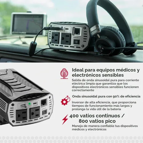 Vista 3 de Inversor de Potencia Cobra PURE SINE de 400W, Portátil – Cargador para Automóvil de 400 Vatios, 2 Enchufes de CA con Conexión a Tierra, 2 Puertos