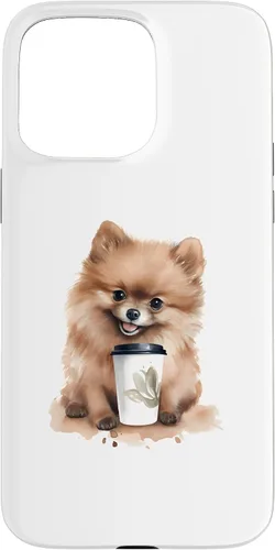 Vista 31 de iPhone 16 Pomerania perro con café estilo acuarela caso