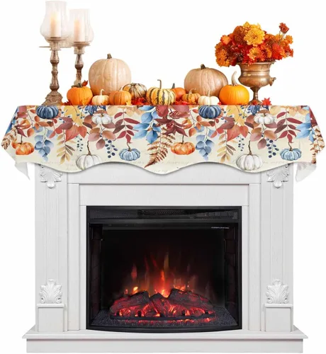 Vista 11 de Bufanda beige para chimenea de Acción de Gracias, bufanda de chimenea, calabaza de otoño, hojas de eucalipto, bufandas para chimenea, estante