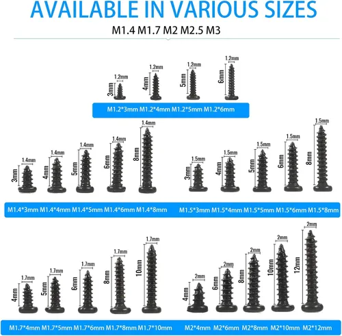 Vista 3 de Juego de 1100 tornillos de cabeza redonda para computadora laptop, mini tornillos Phillips avellanados M1.2,M1.4,M1.5,M1.7,M2 para reparación