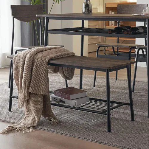 Vista 5 de Juego de comedor moderno de 6 piezas para el hogar, cocina, comedor con estantes de almacenamiento, marco de acero, mesa rectangular con 1 banco y 4