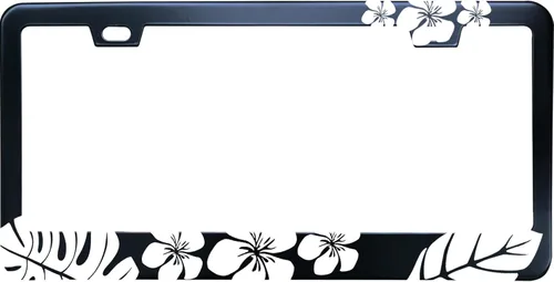 Vista 9 de Marco de matrícula de acero inoxidable negro con hibisco aloha y piña de Hawái para hombres/mujeres con 2 tapas de tornillo para vehículos de EE.