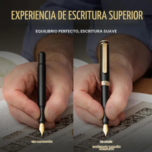 Vista 5 de Scriveiner Pluma Estilográfica EDC de Lujo (Mediana), Impresionante Pluma de Bolsillo Negra de Lujo, Chapado en Oro Real, Plumín Dorado Schmidt 1.