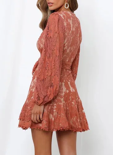 Vista 3 de FARYSAYS Womens Long Sleeve V Neck Lace Wrap Mini Dresses