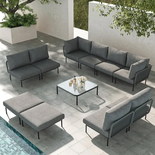 Vista 51 de LayinSun Juego de muebles de patio de aluminio de 7 piezas, sofá modular moderno con mesa auxiliar y cojín de grosor mejorado Gris claro