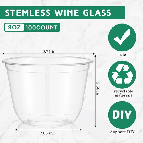 Vista 2 de Ziliny 100 copas de vino de plástico de 9 onzas sin tallo, desechables, copas de vino de plástico para fiestas, bodas, cumpleaños, cócteles