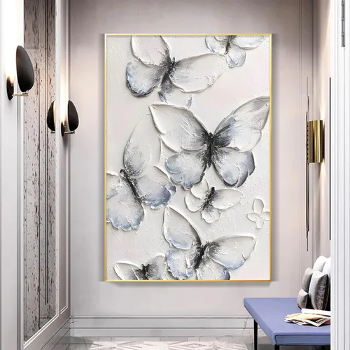 Vista 8 de Lienzo de mariposa blanca para pared, pintura minimalista texturizada, arte abstracto de mariposa blanca para pared, arte abstracto moderno, póster