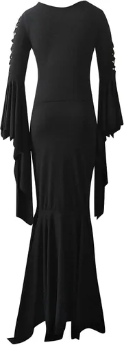 Vista 3 de BADHUB Vestido de Halloween para mujer vestido de cosplay de bruja morticia con cordones cuello en V manga de murciélago vestido ajustado hasta
