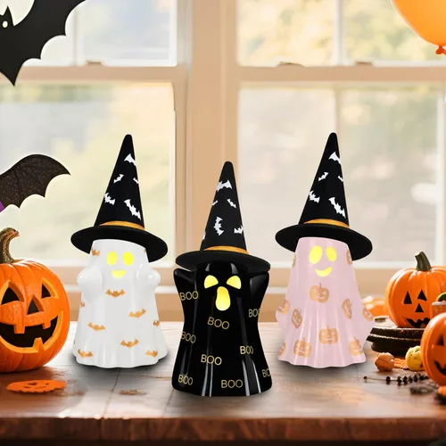 Vista 7 de Decoraciones de Halloween para interiores, juego de 3 fantasmas de cerámica de Halloween con sombreros de bruja, bonita decoración espeluznante