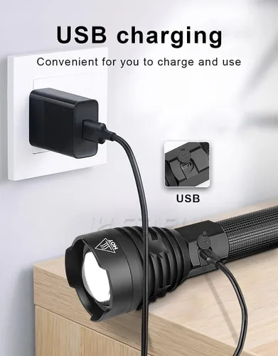 Vista 6 de Linterna recargable de alto lúmenes, linternas LED de mano súper brillantes, luz de flash USB C de alta potencia, 3 modos de zoom, impermeable