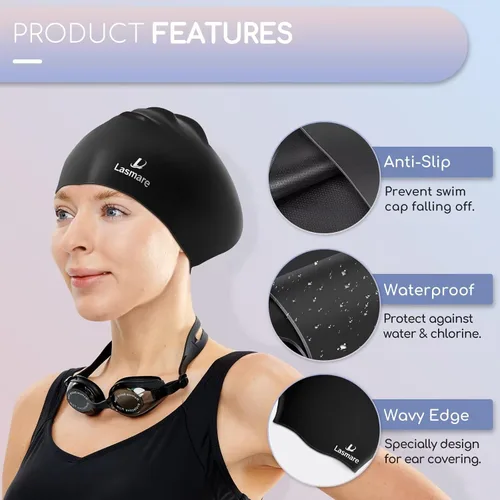 Vista 2 de Long Hair Swim Cap for Women 2 Pack, Silicone Swimming Caps for Unisex Adult Women Men with Ear Plugs & Nose Clip Set, Waterproof Adult Swim Hats