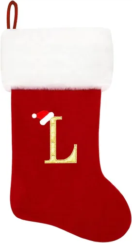 Vista 204 de Calcetines de Navidad bordados de 20 pulgadas con monograma, terciopelo negro con puño de felpa blanca supersuave, adornos clásicos para decoración