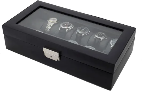 Vista 3 de Tech Swiss Caja de reloj XL para 12 relojes Compartimentos de cuero negro (para ventana de cristal de 2.559 in)