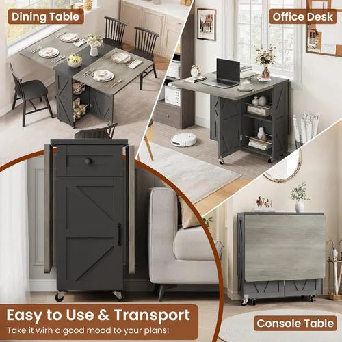 Vista 7 de Jocoevol Mesa de comedor plegable ahorradora de espacio para 4, mesa de comedor plegable estilo granja con cajón y estante de almacenamiento de 2