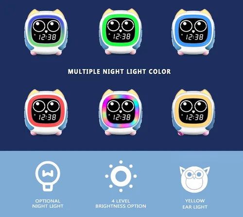 Vista 8 de iTOMA Owl - Reloj de entrenamiento para dormir y despertar para niños, con luz nocturna, ruido blanco, Bluetooth y alarma